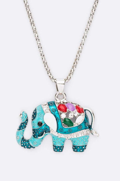 Bejeweled Elephant Pendant Necklace in rhodium and blue with sparkling jewel details and intricate design.