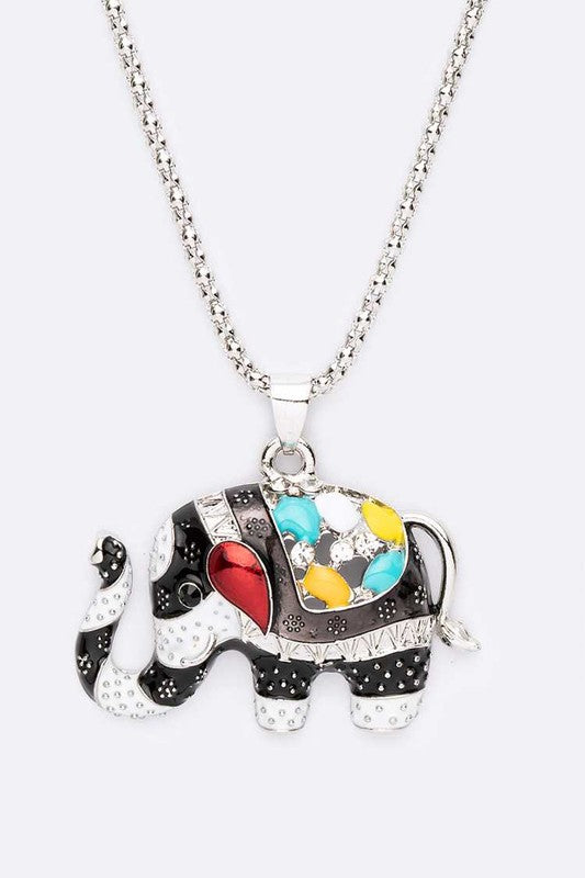 Rhodium necklace with a black jeweled elephant pendant.