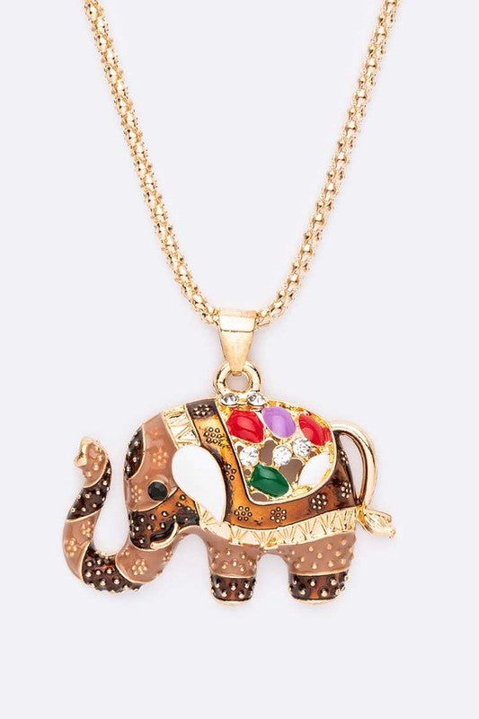 Gold necklace with a brown jeweled elephant pendant.