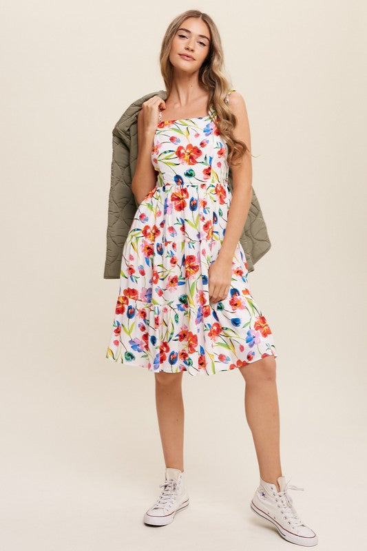 Gaetana Flower Print Square Neck Dress