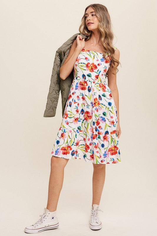 Gaetana Flower Print Square Neck Dress