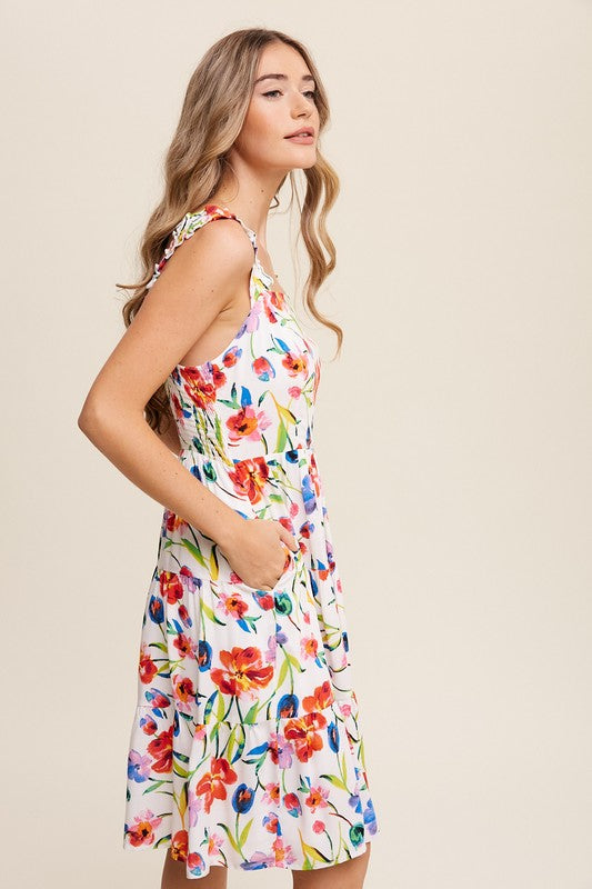 Gaetana Flower Print Square Neck Dress