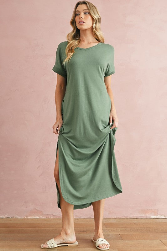 Zola V-Neck Hidden Pocket Splits Maxi T-shirt Dress