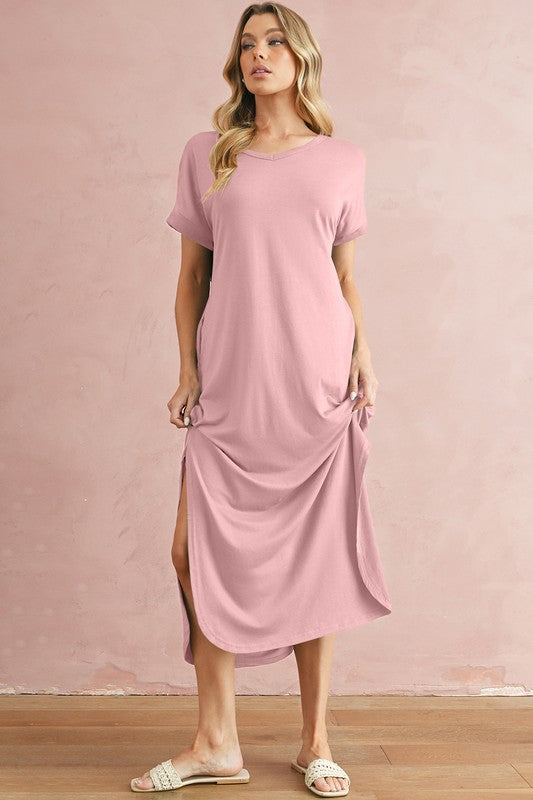 Zola V-Neck Hidden Pocket Splits Maxi T-shirt Dress