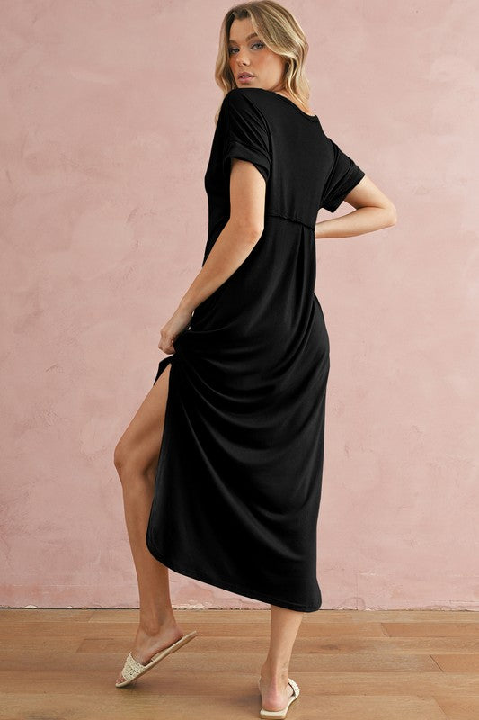 Zola V-Neck Hidden Pocket Splits Maxi T-shirt Dress