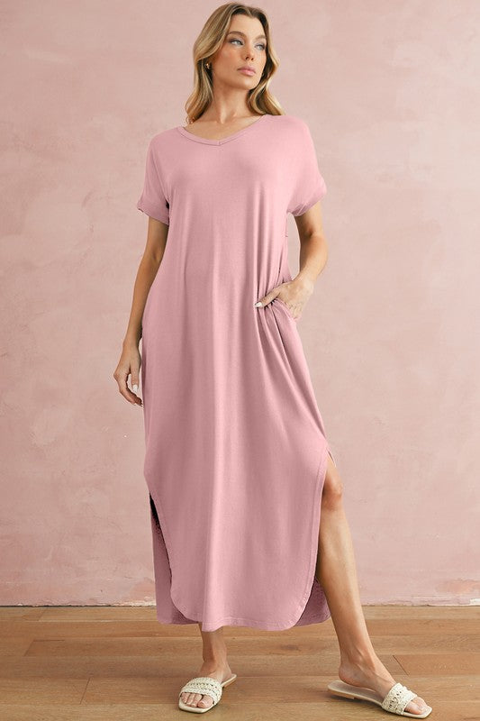 Zola V-Neck Hidden Pocket Splits Maxi T-shirt Dress