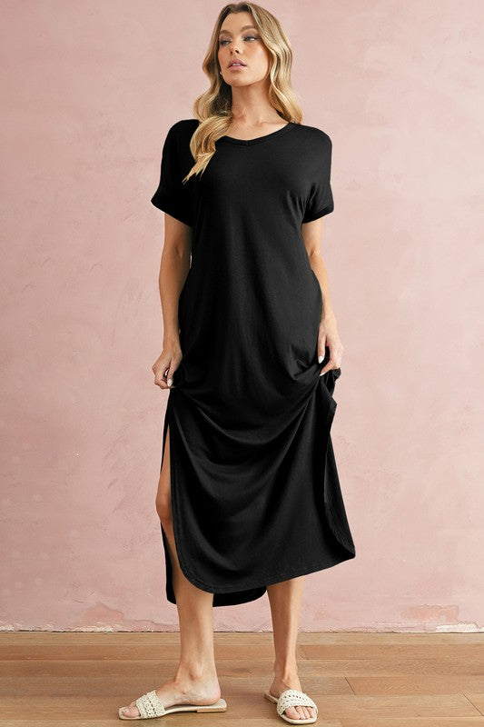 Zola V-Neck Hidden Pocket Splits Maxi T-shirt Dress