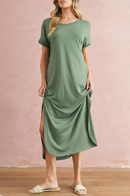 Zola V-Neck Hidden Pocket Splits Maxi T-shirt Dress