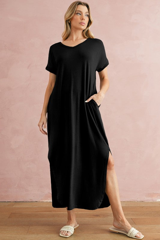 Zola V-Neck Hidden Pocket Splits Maxi T-shirt Dress