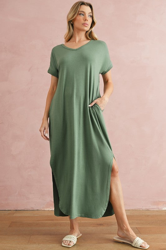 Zola V-Neck Hidden Pocket Splits Maxi T-shirt Dress