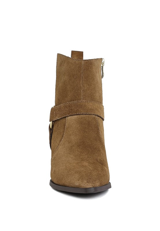 Jockey Harness Ankle Boots taupe suede front view with pointed toe and smooth finish