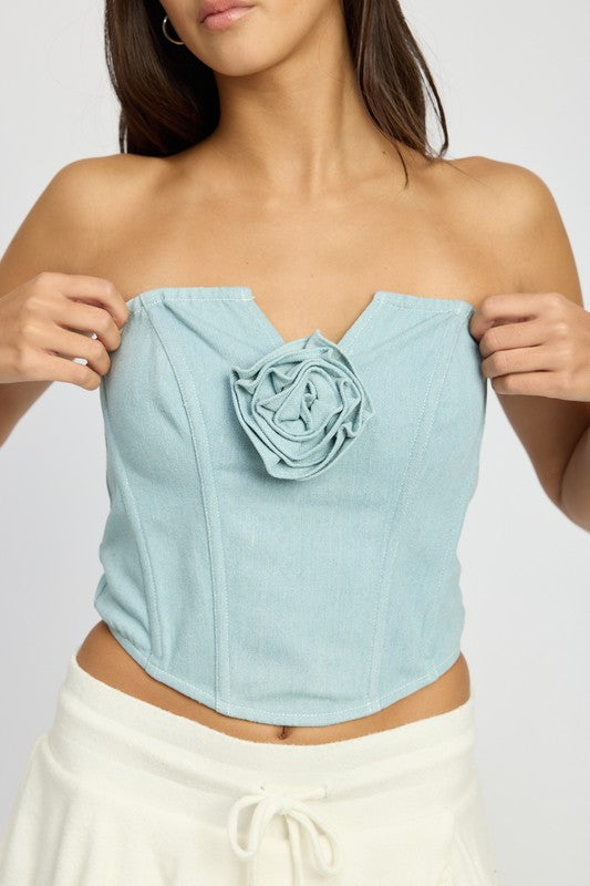 Lucky Denim Rosette Corset Tube Top