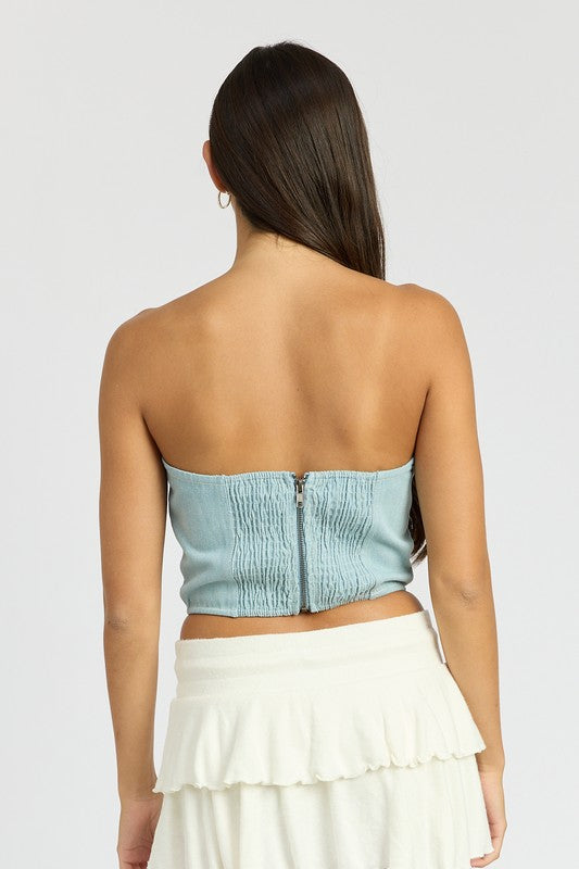 Lucky Denim Rosette Corset Tube Top