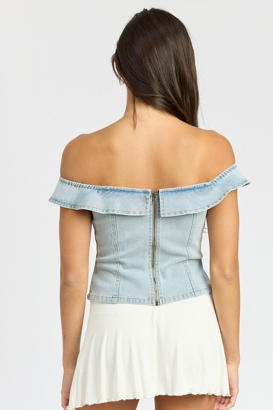 Light denim off-shoulder bustier top with short sleeves and a back zipper closure, featuring a structured fit.