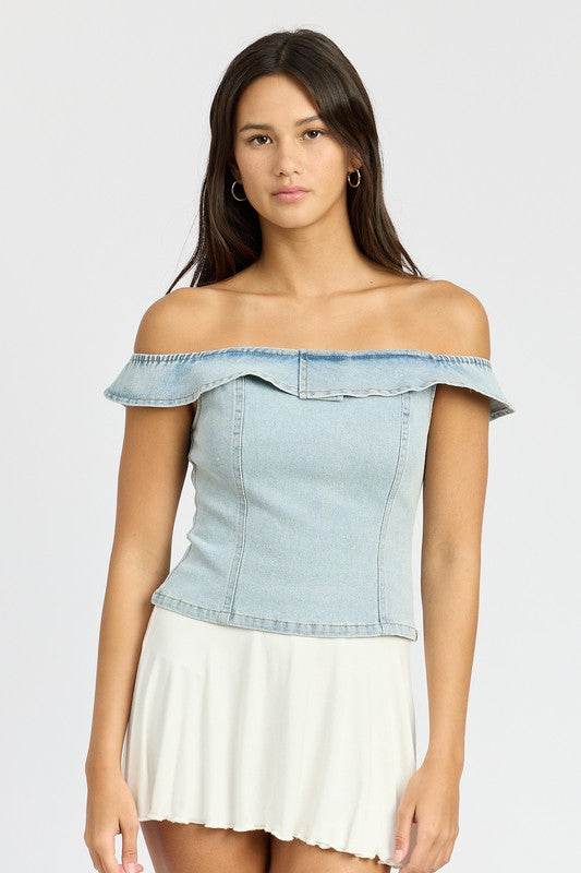 Light denim off-shoulder bustier top with short sleeves and a back zipper closure, featuring a structured fit.