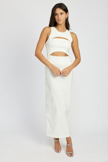 Full body angled view of cream Keti Sleeveless Cut-Out Midi Dress showing flattering fit.