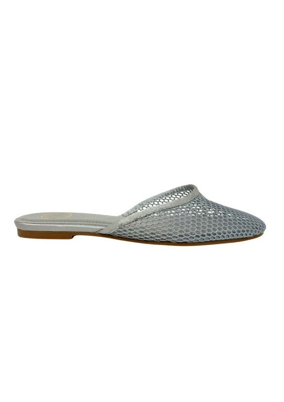 Silver Levi slip-on mesh flats with round toe, open back, and breathable mesh for summer comfort.