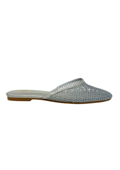 Silver Levi slip-on mesh flats with round toe, open back, and breathable mesh for summer comfort.