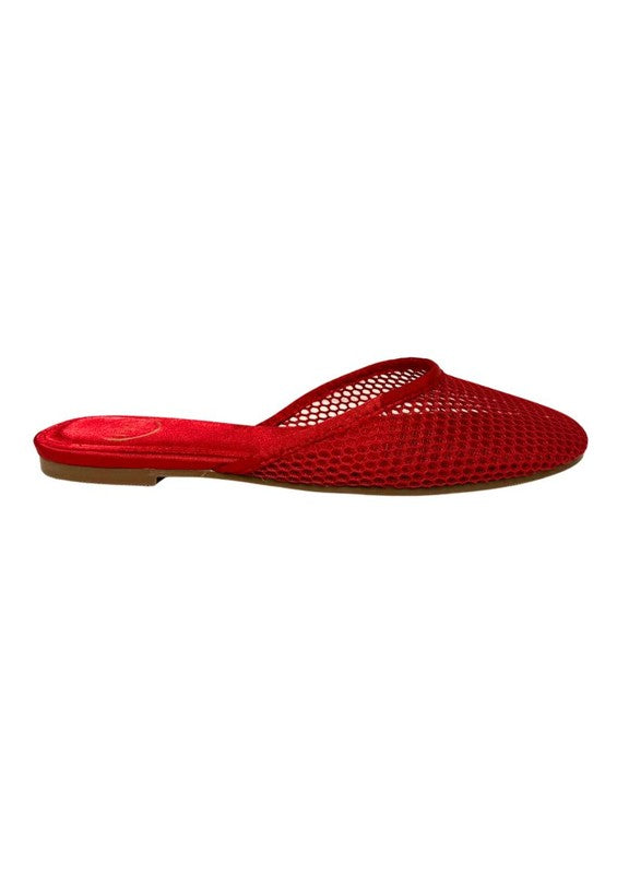 Red Levi slip-on mesh flats with round toe, open back, and breathable mesh for bold summer fashion.