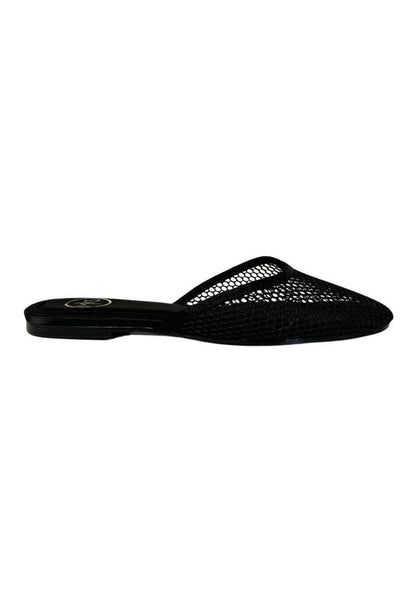 Black Levi slip-on mesh flats with round toe, open back, and flat heel for versatile everyday style.