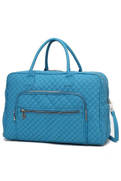 Turquoise Jayla Quilted Duffle Bag by MKF, featuring quilted finish, gold-tone accents, and spacious interior.