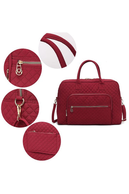 Red Jayla Quilted Duffle Bag by MKF collage with closeups of gold-tone hardware and quilted texture.
