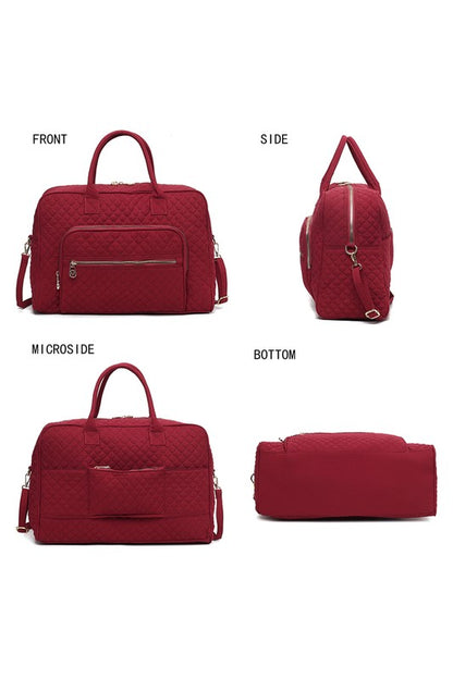 Red Jayla Quilted Duffle Bag by MKF collage showing front, back, side, and bottom views.