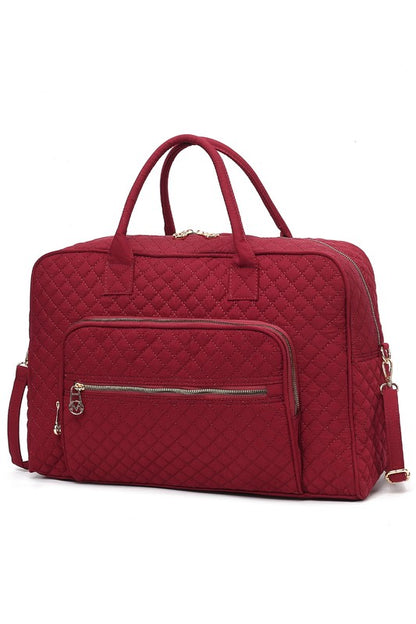 Wine Jayla Quilted Duffle Bag by MKF with quilted design, gold hardware, and adjustable strap.