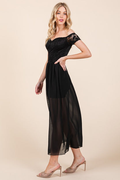 Graceful lace and chiffon maxi dress with off-shoulder neckline, short sleeves, and flattering flowing silhouette.