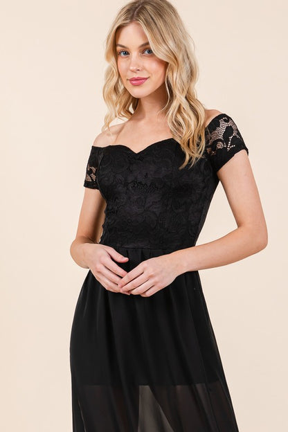 Delicate lace bodice with off-shoulder neckline on chiffon maxi dress, creating a romantic, timeless formal look.