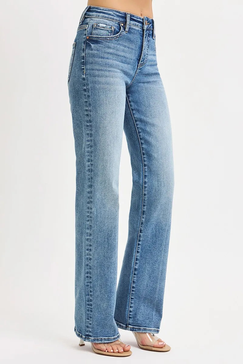 Side angle of Reese RISEN jeans featuring tummy control high waist, straight leg, and slight stretch fit.