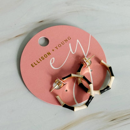 Small Bamboo Hoop Earrings – Color Block Design in Black & White