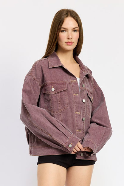 A straight-on shot showcasing the classic button-down front, collared neckline, and vibrant berry hue of this must-have denim piece.