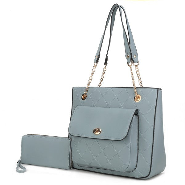MKF Jenna Shoulder Bag and Wallet by Mia K in Denim blue with gold hardware accents.