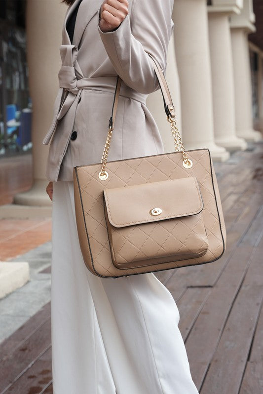 MKF Jenna Shoulder Bag in Nude by Mia K styled for everyday wear with gold hardware.