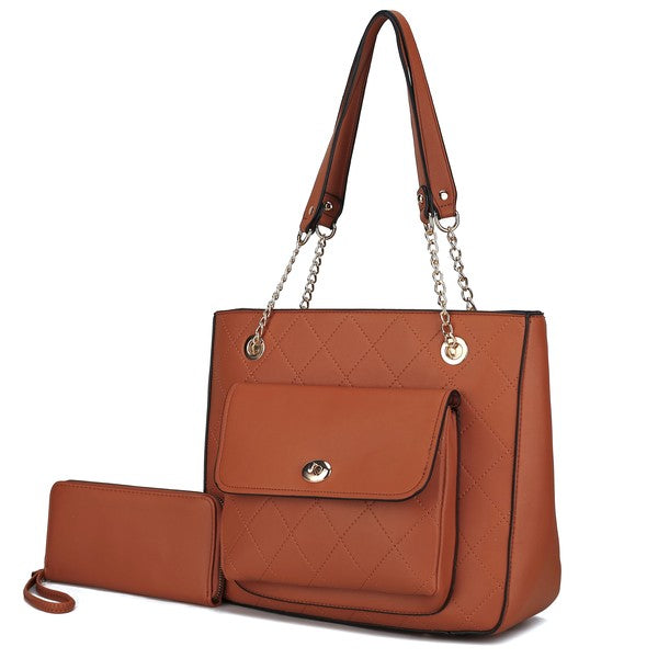 MKF Jenna Shoulder Bag and Wallet by Mia K in Brown with gold-tone hardware and zipper top.