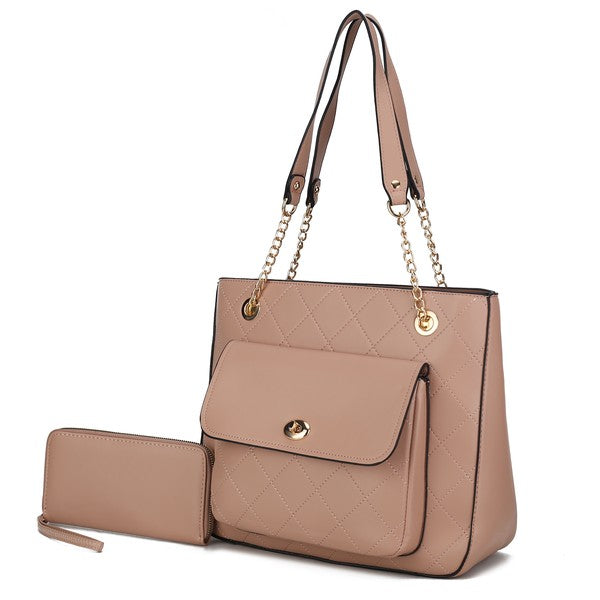 MKF Jenna Shoulder Bag in Apricot featuring double handles and gold zipper fastening.