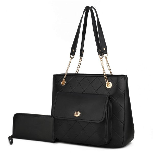 MKF Jenna Shoulder Bag and Wallet by Mia K in Black with gold hardware and zipper closure.
