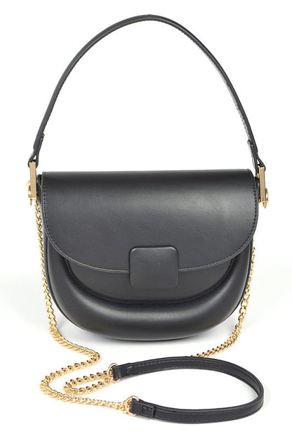 Front view of Quinn Convertible Shoulder Bag in black vegan leather with gold hardware.