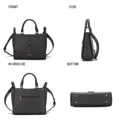 Collage showing black Melody Tote front, side, back, and bottom views.