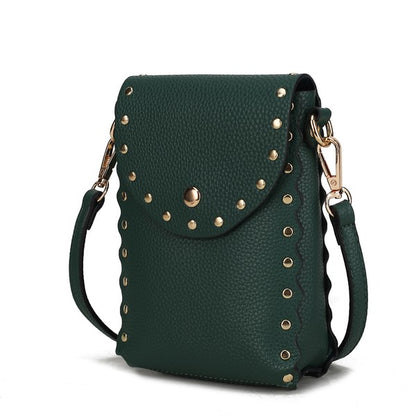 Front view of dark green Filomena crossbody bag with gold hardware and scalloped edges.