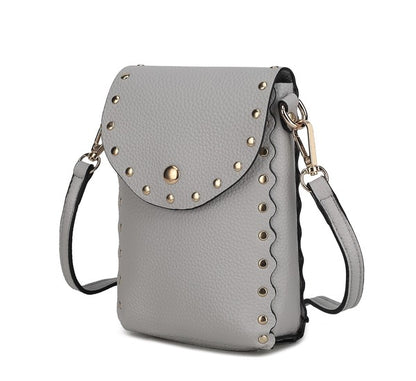Front view of light gray Filomena crossbody bag with gold hardware and scalloped edges.