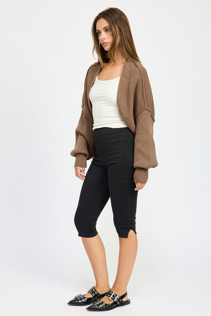 Side view of Jericha Shrug Cardigan in coffee showing oversized fit