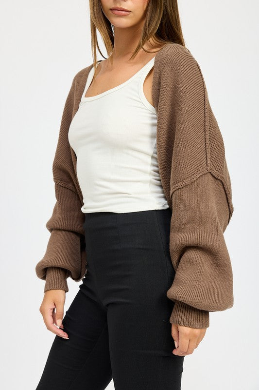 Close up of Jericha Shrug Cardigan in coffee showing wide sleeve detail