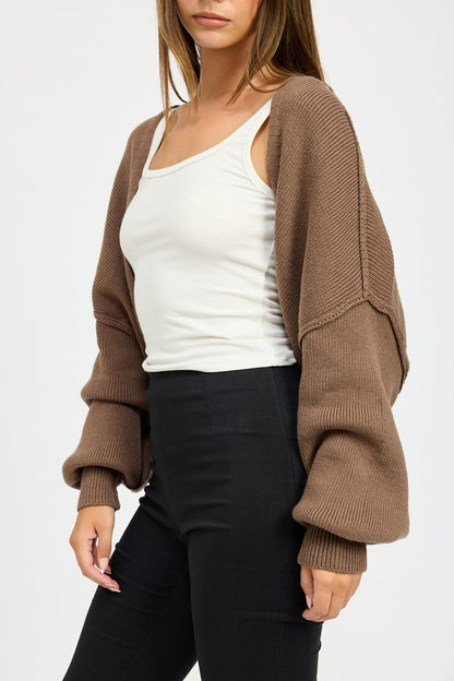 Close up of Jericha Shrug Cardigan in coffee showing wide sleeve detail