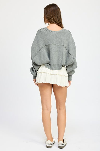 Back view of Jericha Shrug Cardigan in gray with oversized shape