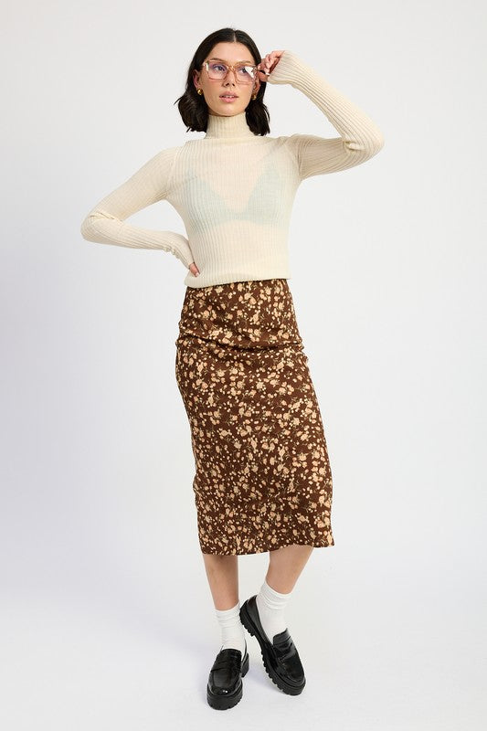 Daria Floral Midi Skirt in dusty brown with ivory blush florals, front view bias cut.