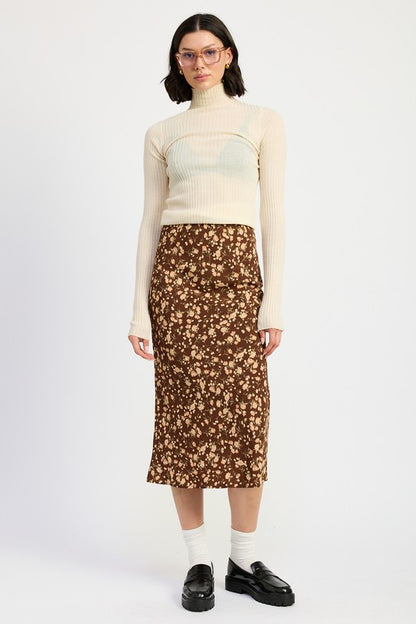 Daria Floral Midi Skirt in brown floral, feminine midi length, styled with loafers.