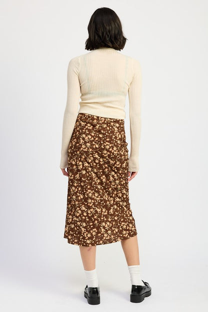 Daria Floral Midi Skirt soft woven floral brown midi skirt, back angle bias cut.