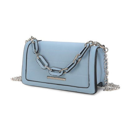 Denim MKF Dora Crossbody Bag with silver-tone hardware and magnetic snap closure.